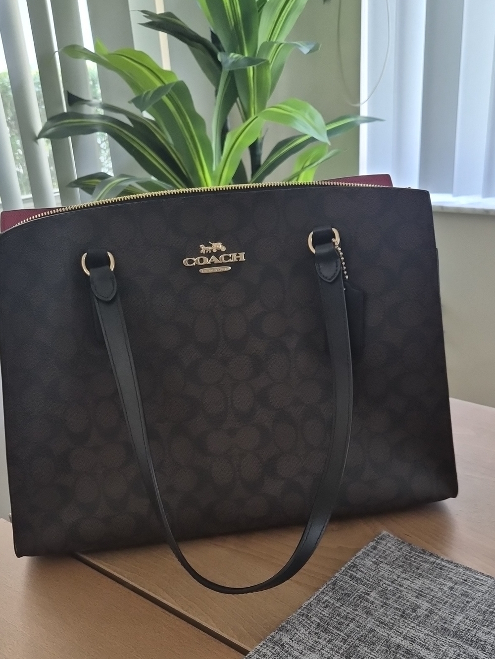Coach Brown Signature Tote with Black Handles and Maroon Trim